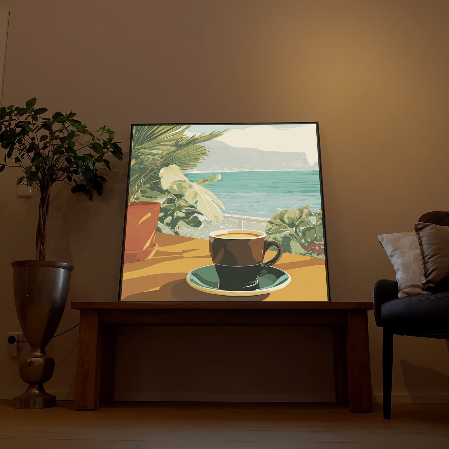 Gerahmtes LED-Bild mit Kaffee-Tasse im Vintage-Motiv, Palmen und Meerblick