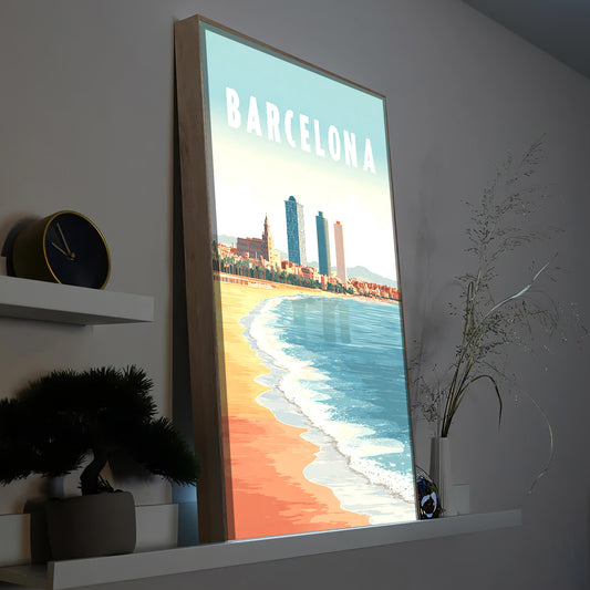 LED-Bild mit Holzrahmen: Motiv „Barcelona“ mit Strand und Meer