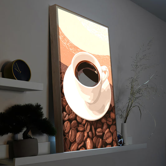 LED-Bild im Rahmen mit Motiv: Tasse Kaffee auf Kaffeebohnen