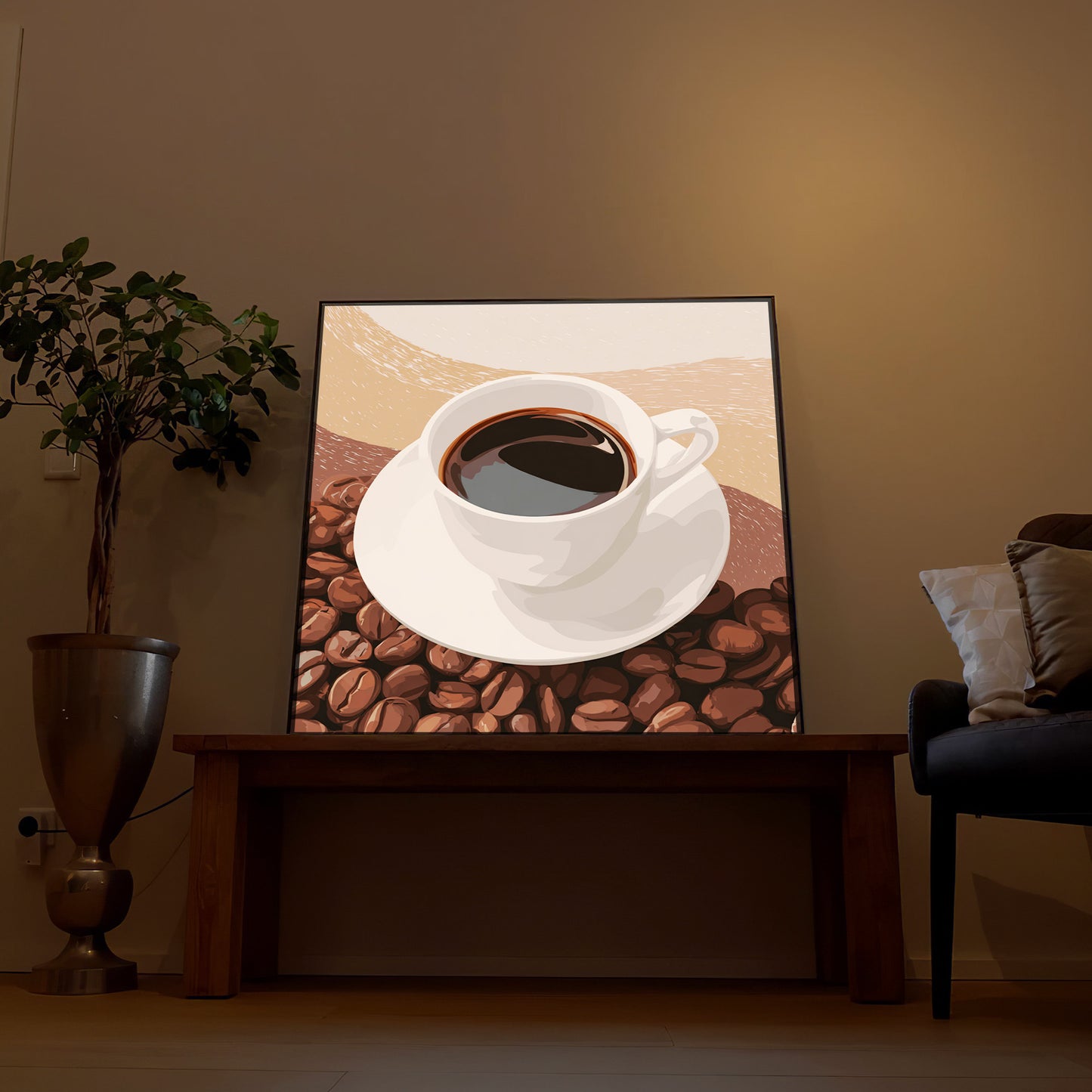 LED-Bild im Rahmen mit Motiv einer Kaffeetasse auf Kaffeebohnen