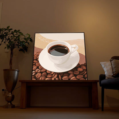 LED-Bild im Rahmen mit Motiv einer Kaffeetasse auf Kaffeebohnen