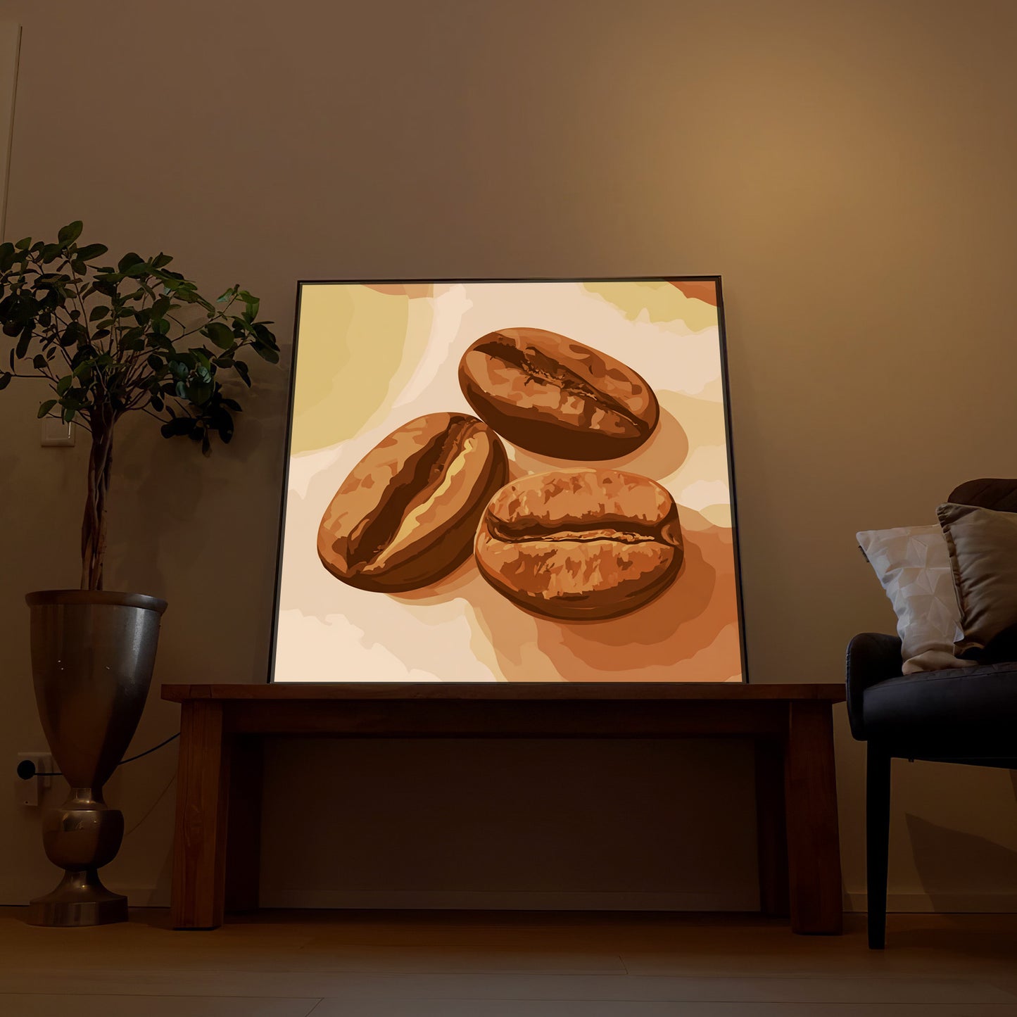 Gerahmtes LED-Bild mit Kaffeebohnen-Motiv in Braun, quadratisch