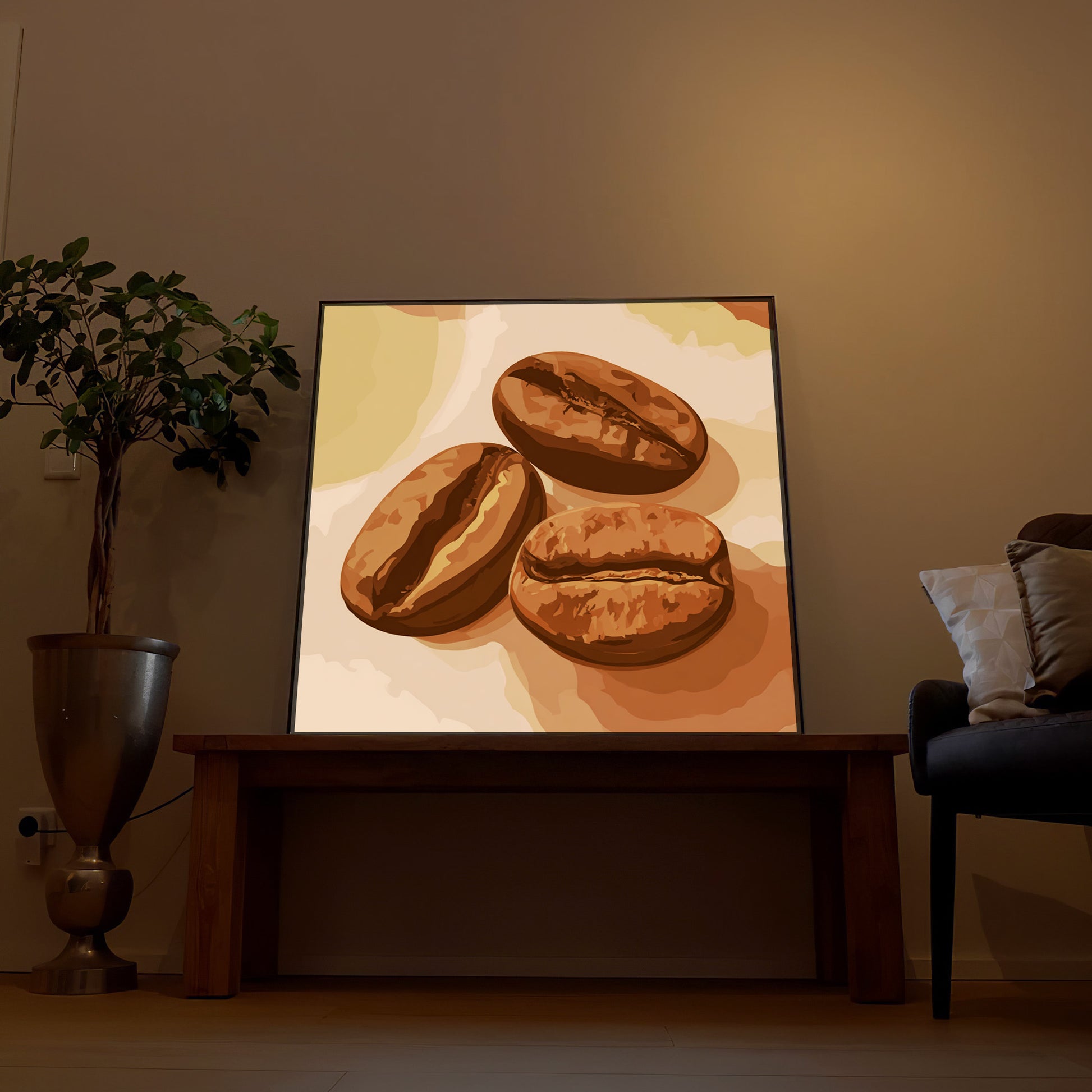Gerahmtes LED-Bild mit Kaffeebohnen-Motiv in Braun, quadratisch