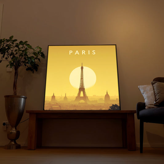 Gerahmtes LED-Bild mit Eiffel­turm-Motiv und „PARIS“-Schriftzug, warm leuchtend
