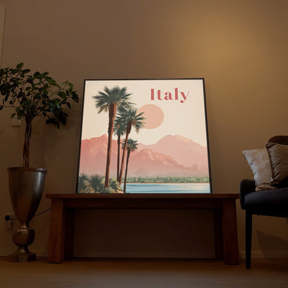 Gerahmtes LED-Bild mit Italien-Landschaft: Palmen vor Bergen, Wasser, Schriftzug Italy