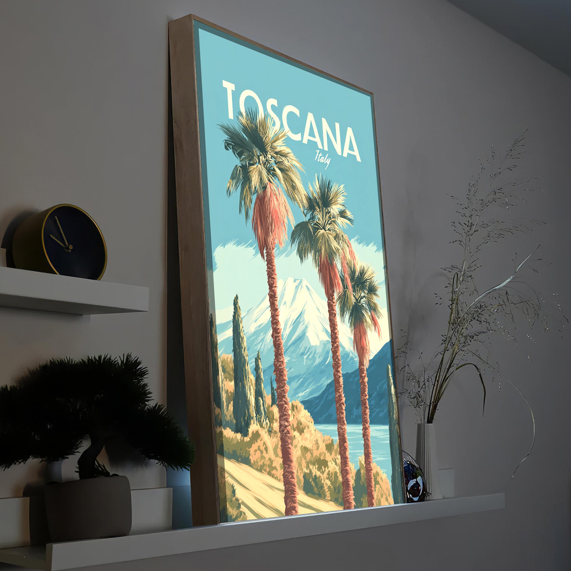 LED-Bild mit Toscana-Motiv, Holzrahmen und Palmen, im Hochformat