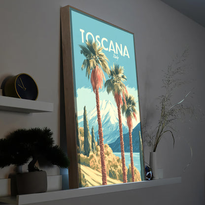 LED-Bild mit Toscana-Motiv, Holzrahmen und Palmen, im Hochformat