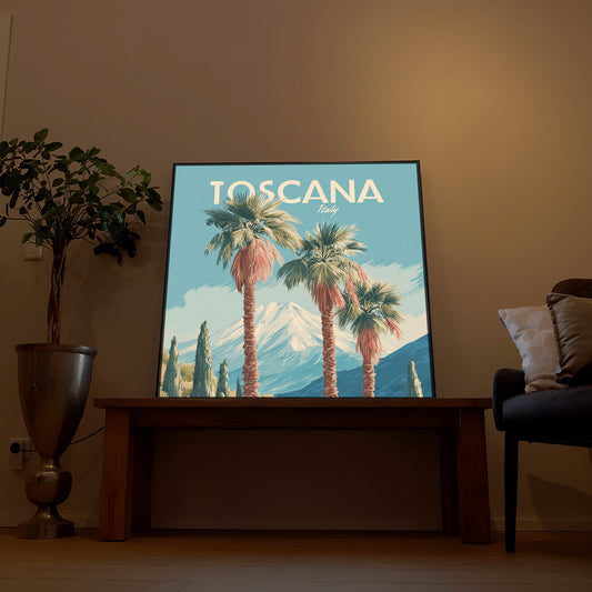 LED-Bild mit Toscana-Motiv und Palmen, Holzrahmen im Hochformat
