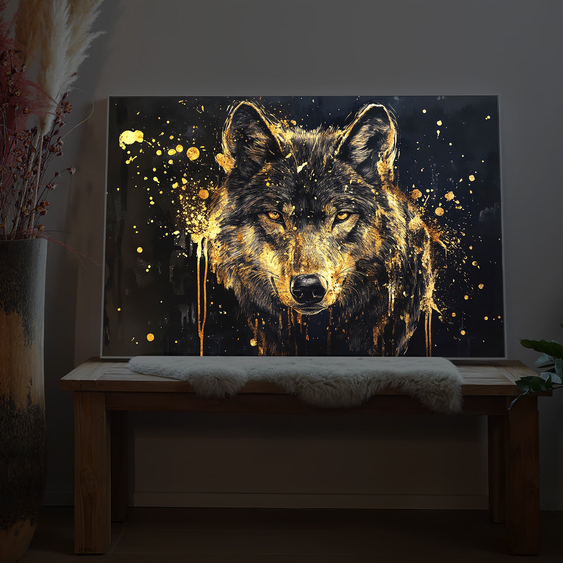 Gerahmtes LED-Kunstbild mit abstraktem Wolf in Goldtönen auf dunklem Hintergrund