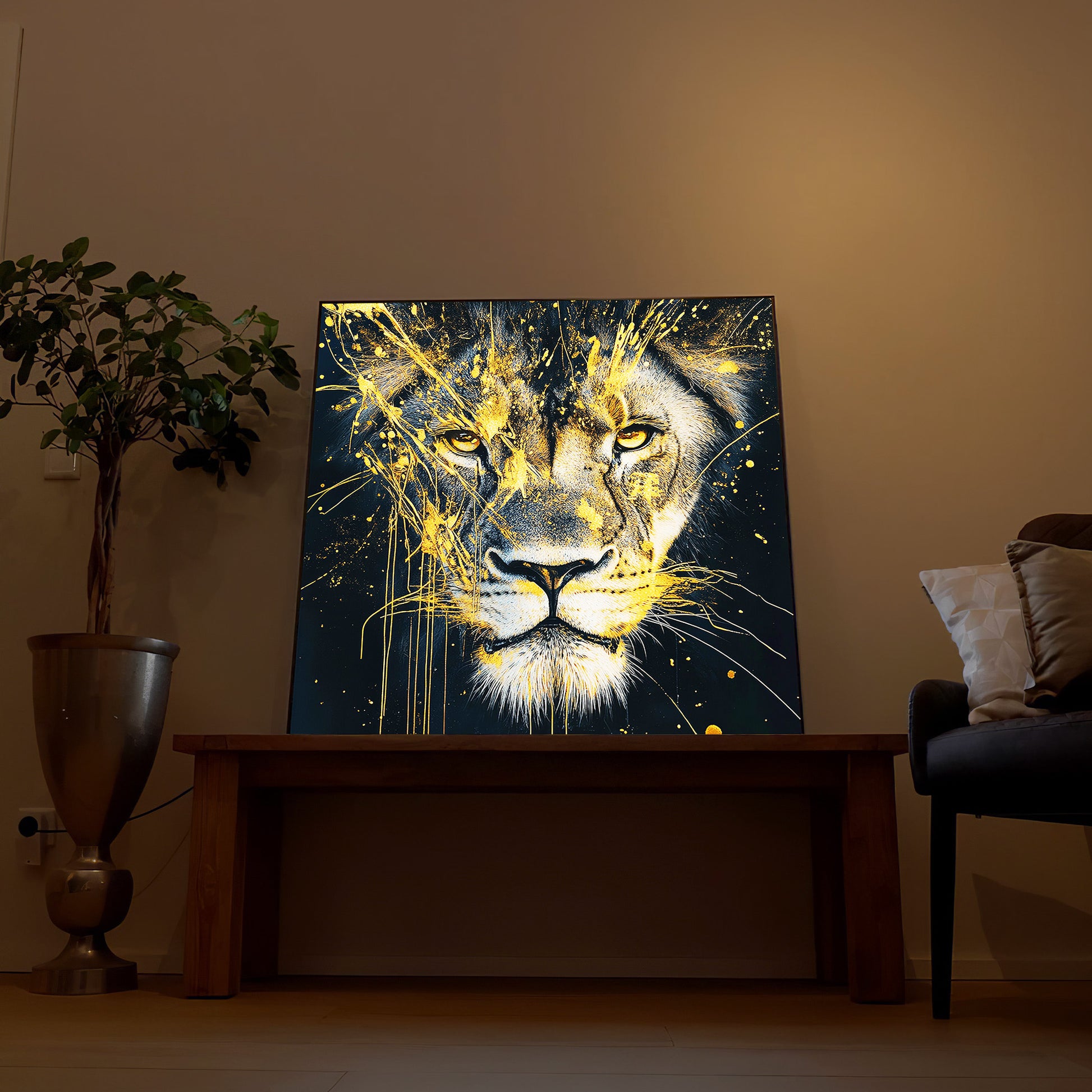 Gerahmtes LED-Kunstbild: goldener Löwenkopf mit leuchtenden Spritzern auf dunklem Grund