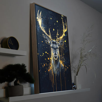 Goldener Hirsch abstraktes LED-Bild mit Hirschkopf im Holzrahmen, blau-goldene Sprenkel