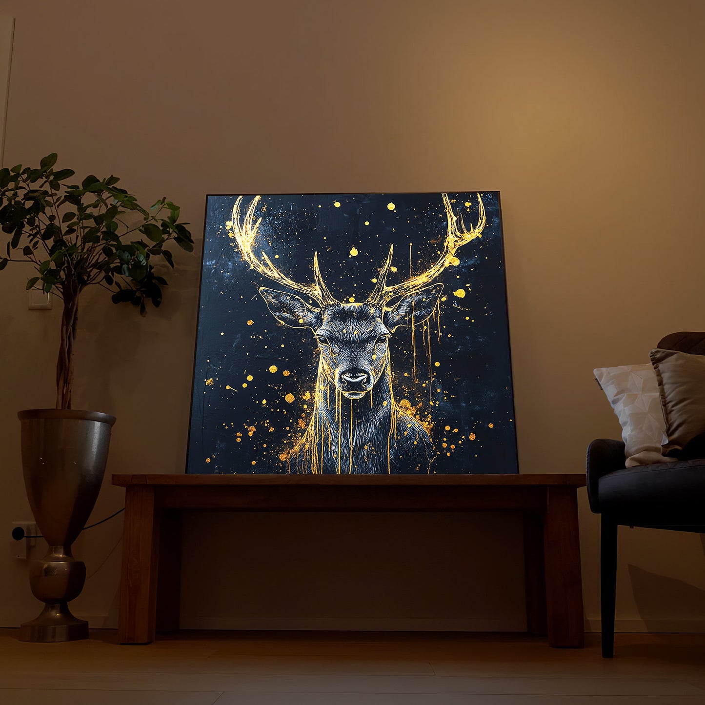 Goldener Hirsch abstraktes LED-Bild, Hirschkopf mit goldenen Adern auf blauem Grund, Holzrahmen