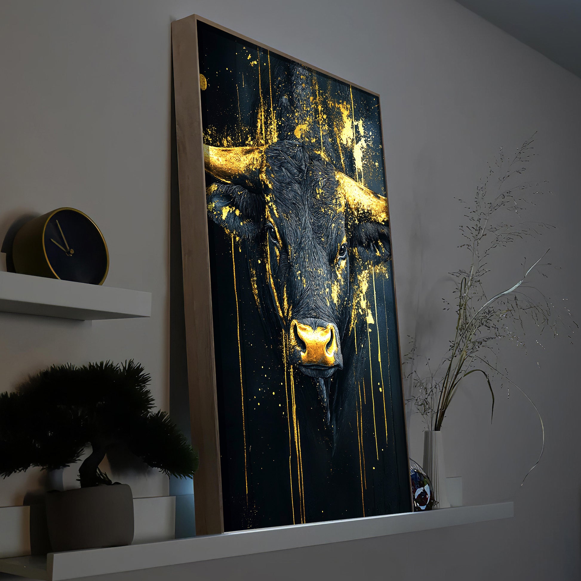 LED-Bild mit Holzrahmen, Stierporträt in Blau mit goldenen Akzenten