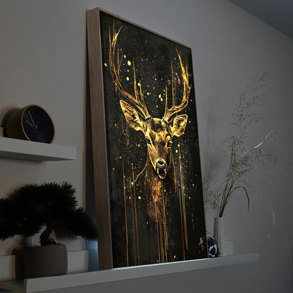 LED-Bild im Holzrahmen mit goldener Hirsch-Illustration und leuchtenden Punkten