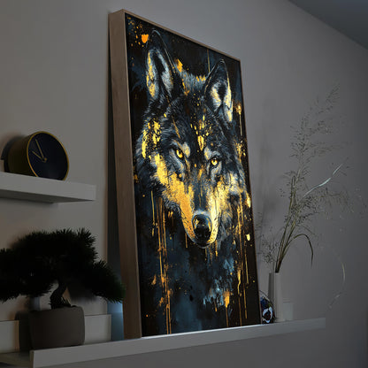 LED-Wandbild mit Wolfsmotiv, Holzrahmen, goldene Lichtakzente