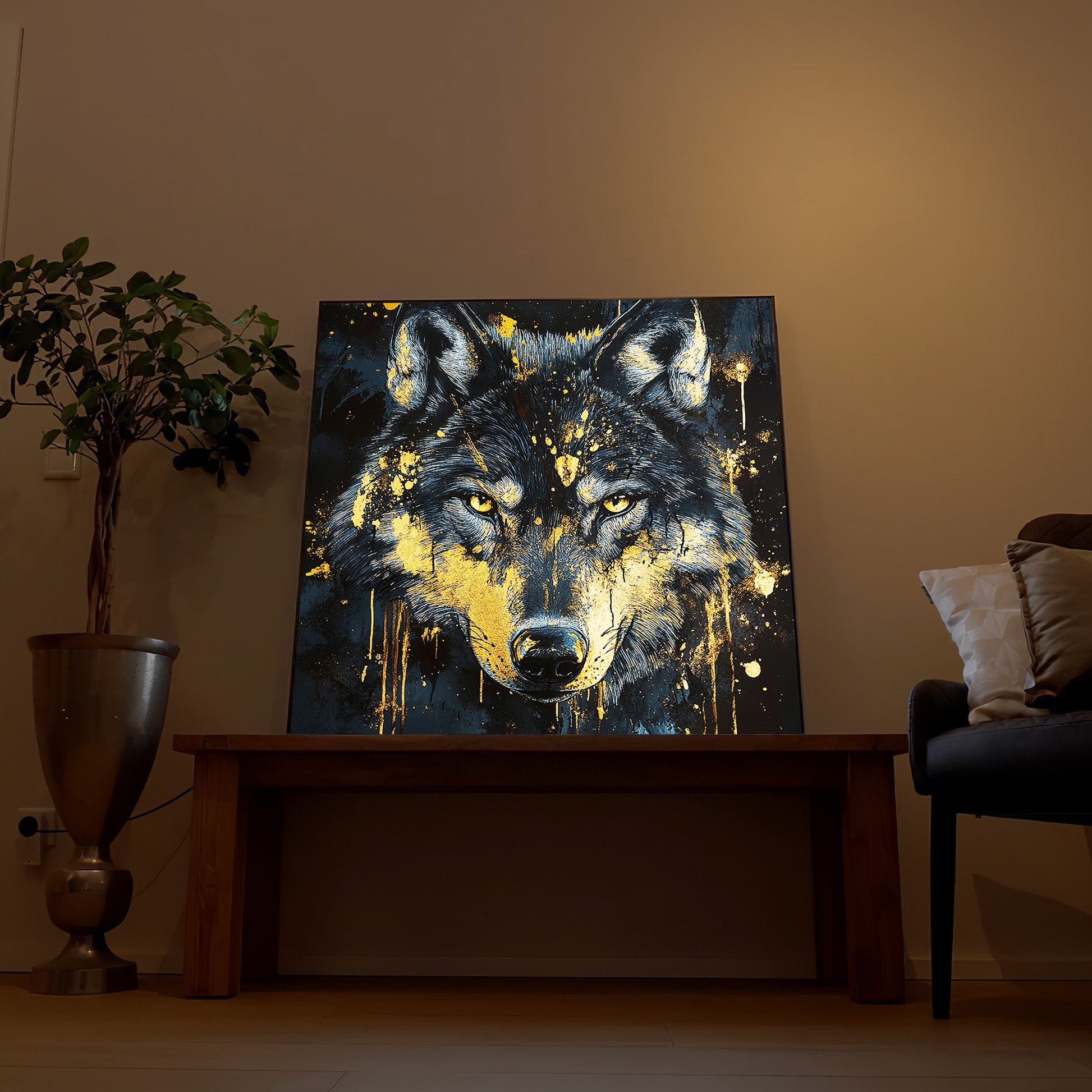 LED-Wandbild mit Wolfsgesicht, quadratisches Bild im Holzrahmen