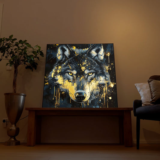 LED-Wandbild mit Wolfsgesicht, quadratisches Bild im Holzrahmen