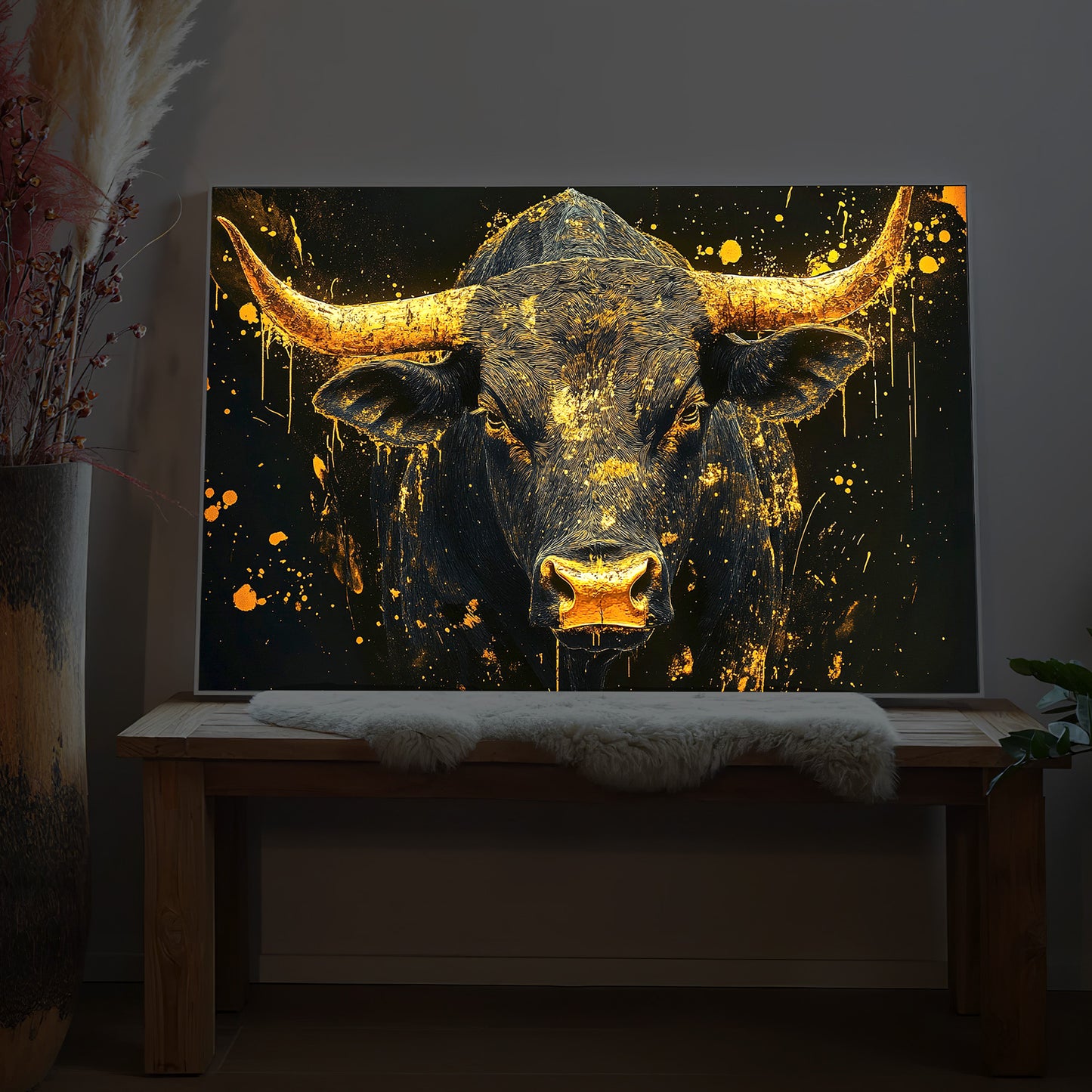 LED-Bild mit Stiermotiv, goldene Spritzer auf dunklem Hintergrund