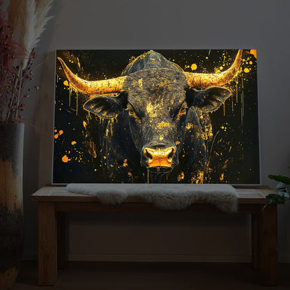 LED-Bild mit Stiermotiv, goldene Spritzer auf dunklem Hintergrund