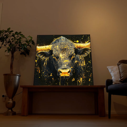 LED-Bild mit zentralem Stierkopf, golden leuchtender Effekt auf dunklem Grund