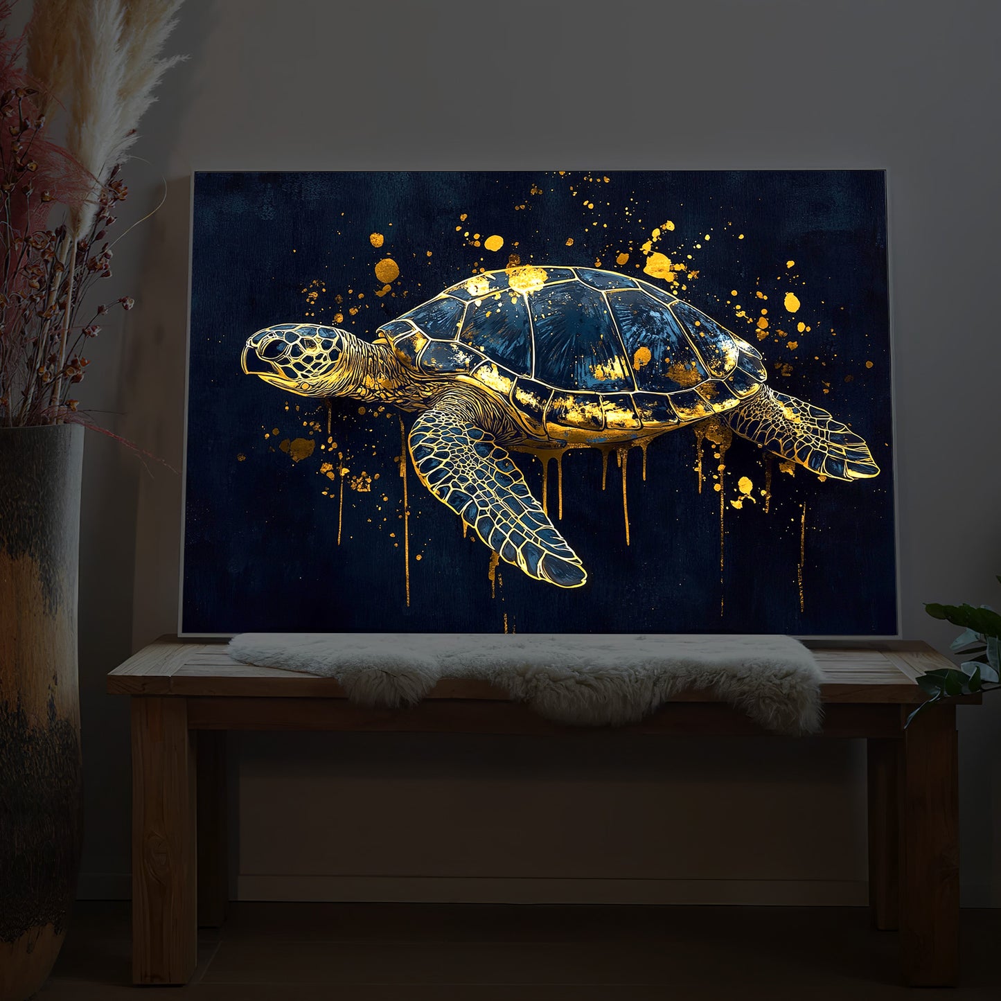 LED-Bild mit goldener Meeresschildkröte und abstrakten Lichtspritzern