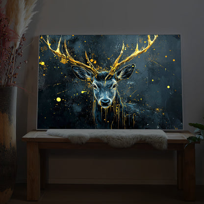 Gerahmtes LED-Bild mit goldfarbenem Hirschkopf auf blauem abstraktem Hintergrund