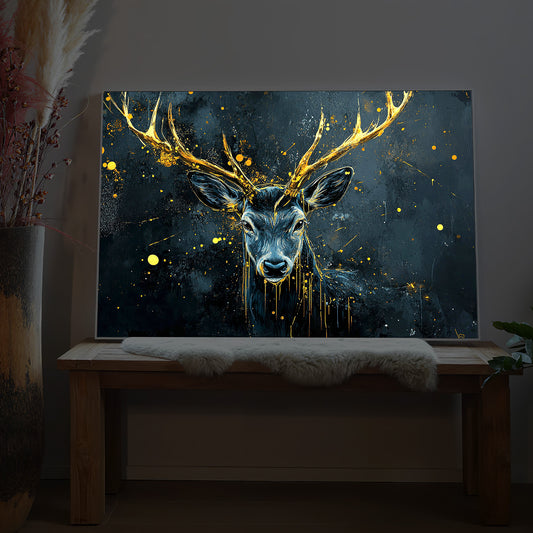 Gerahmtes LED-Bild mit goldfarbenem Hirschkopf auf blauem abstraktem Hintergrund