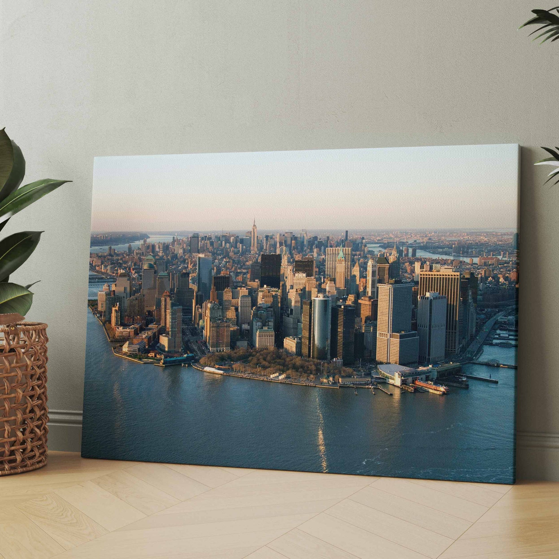 Stadtposter mit Skyline und breitem Fluss, rechteckig