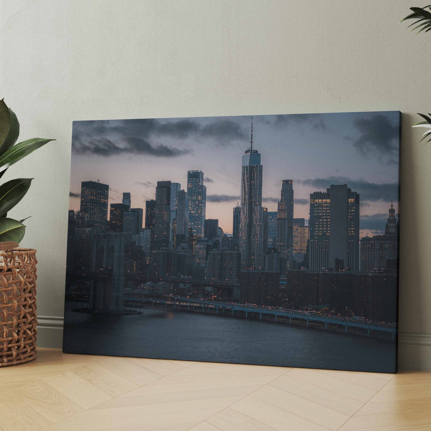 Leinwandbild: New-York-Skyline bei Sonnenuntergang über Fluss