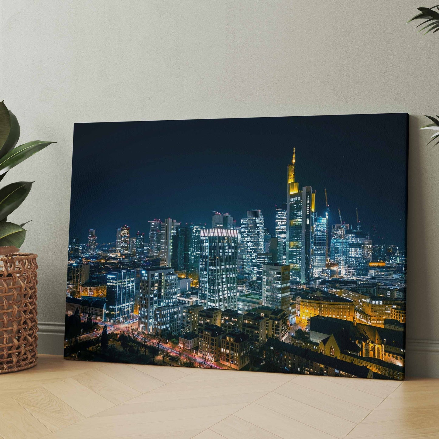 Skyline-Poster Frankfurt bei Nacht mit beleuchteten Hochhäusern