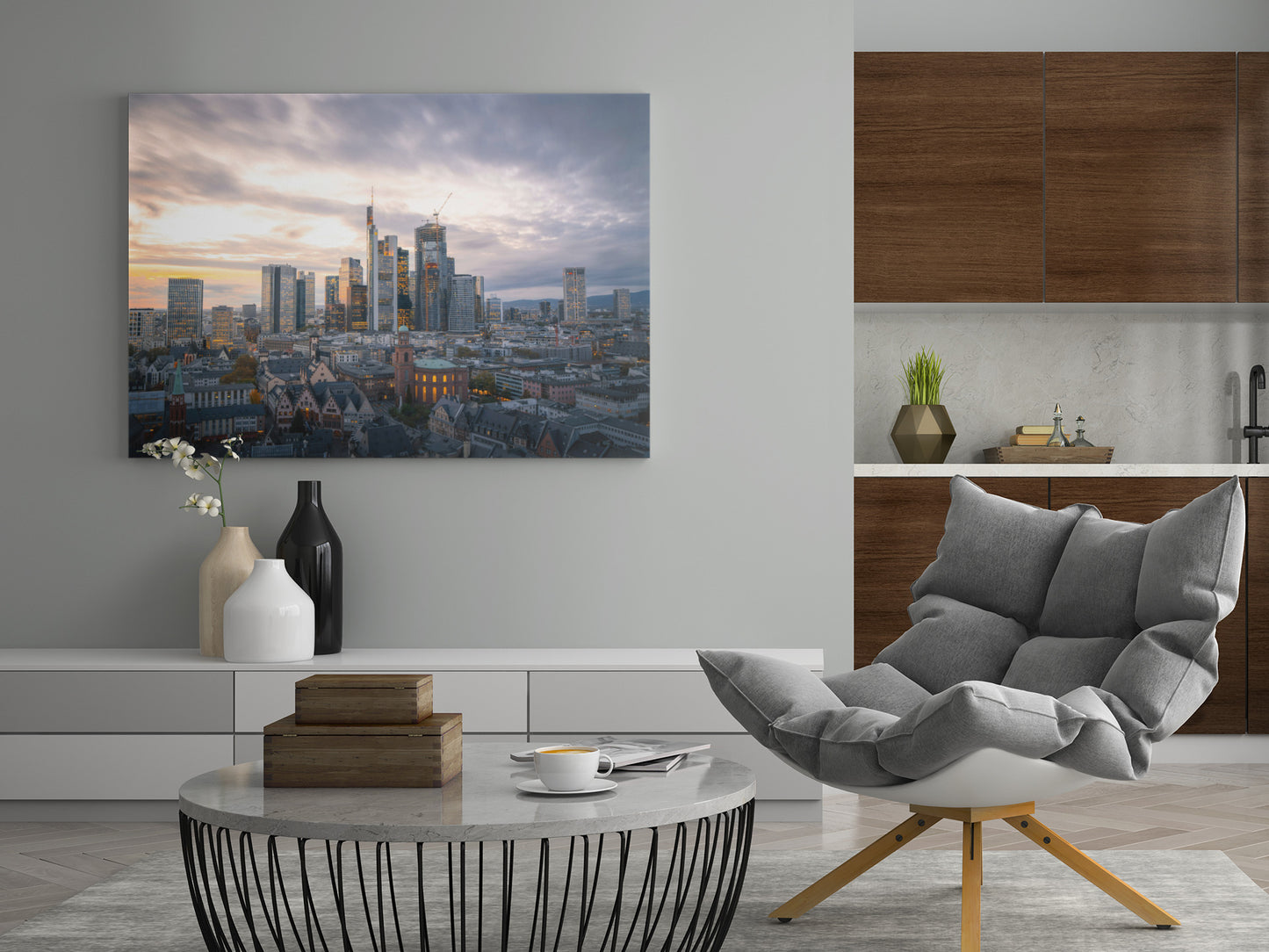 Leinwandbild mit Frankfurter Skyline und Abendhimmel, rechteckig