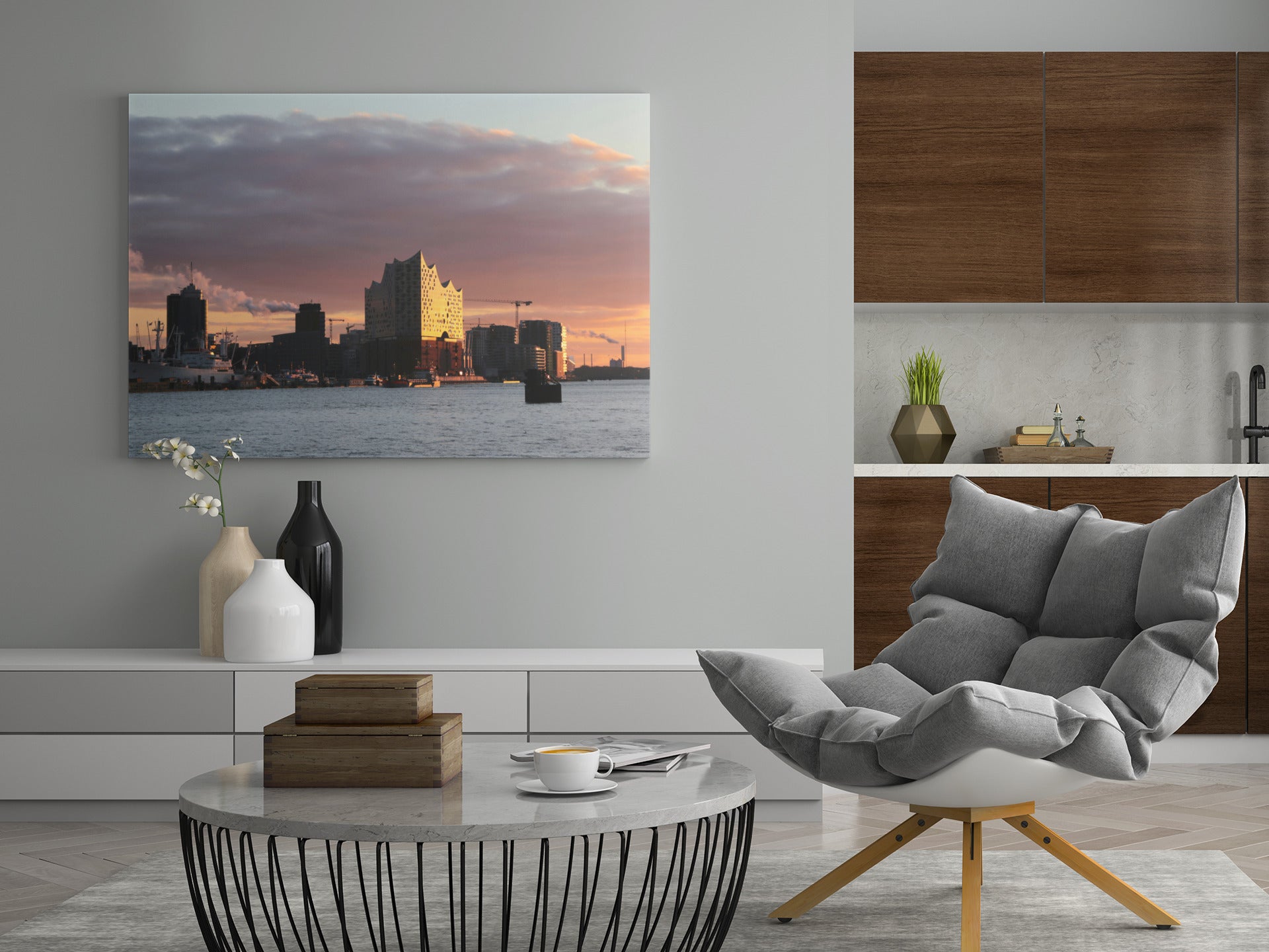 Leinwand mit Hamburger Skyline bei Sonnenuntergang und Elbphilharmonie