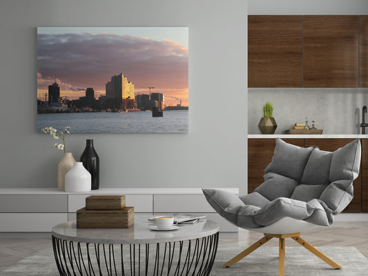 Leinwand mit Hamburger Skyline bei Sonnenuntergang und Elbphilharmonie