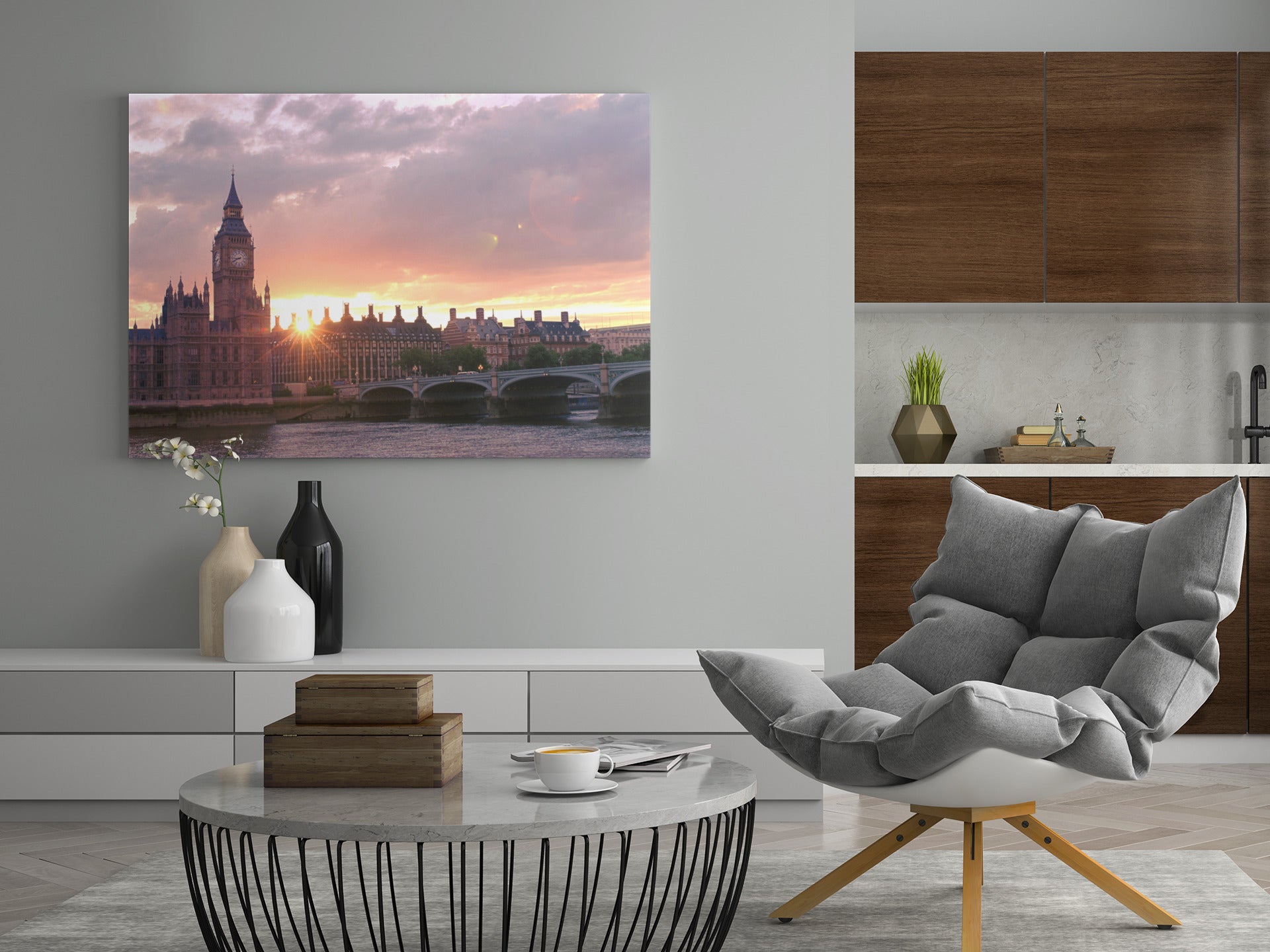 Rechteckiges Wandbild mit Big Ben und Themse bei Sonnenuntergang