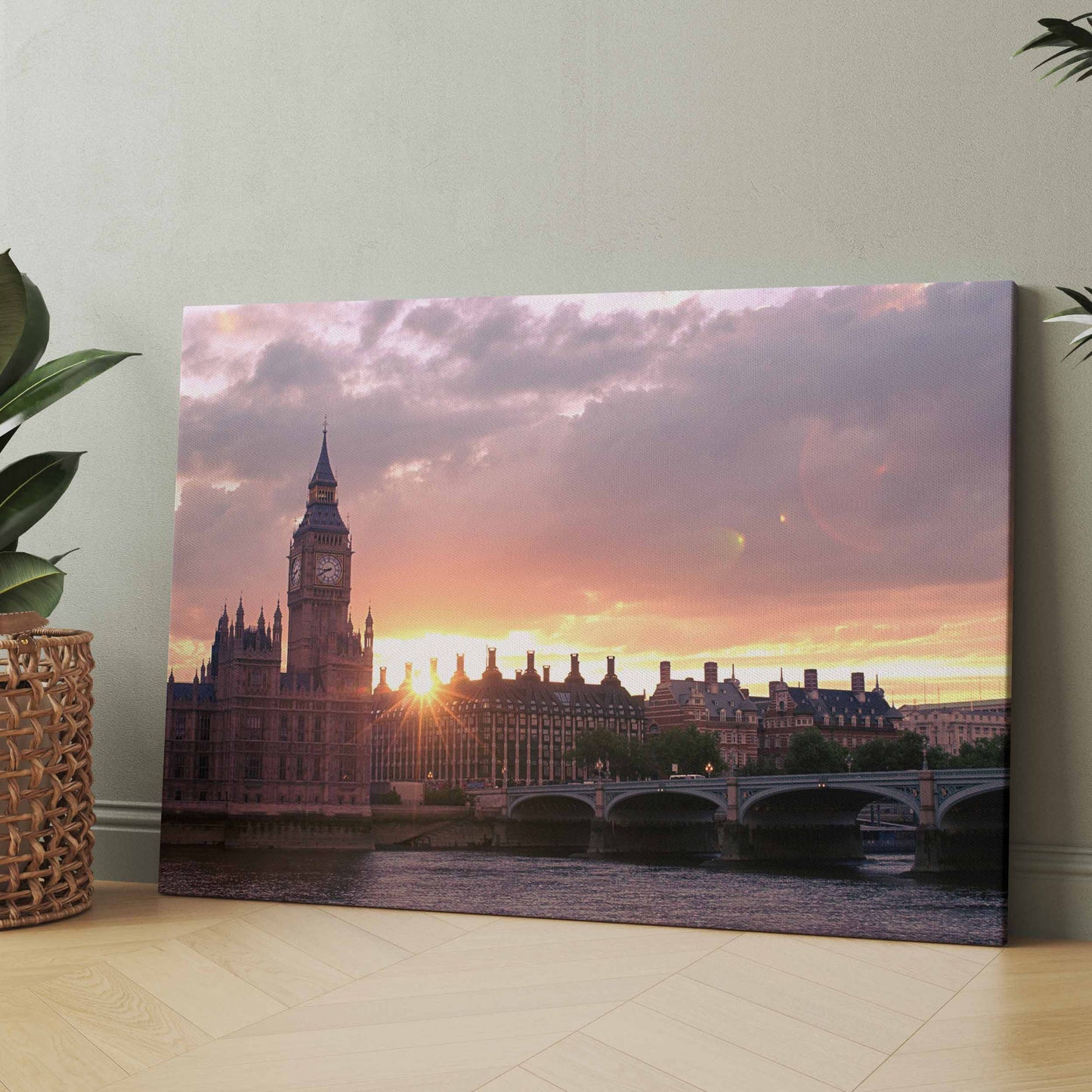 Großes rechteckiges Wandbild mit Big Ben und Themse im Abendhimmel