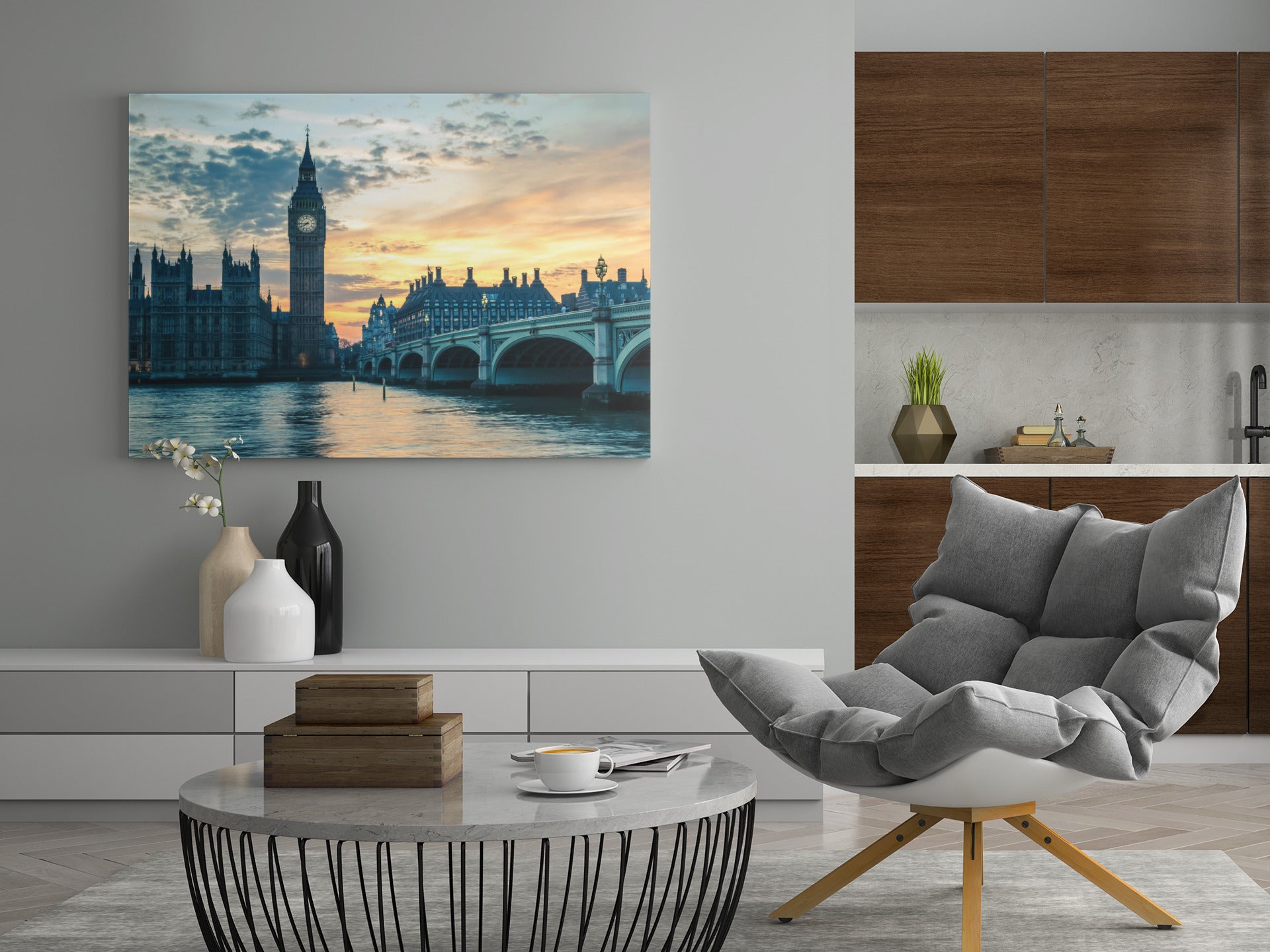 Querformat-Poster oder Leinwand mit Big Ben und Themse vor Himmel im Abendrot