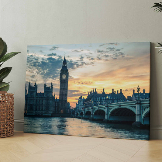 Querformat-Poster oder Leinwand mit Big Ben, Themse und Themsebrücke bei Sonnenuntergang