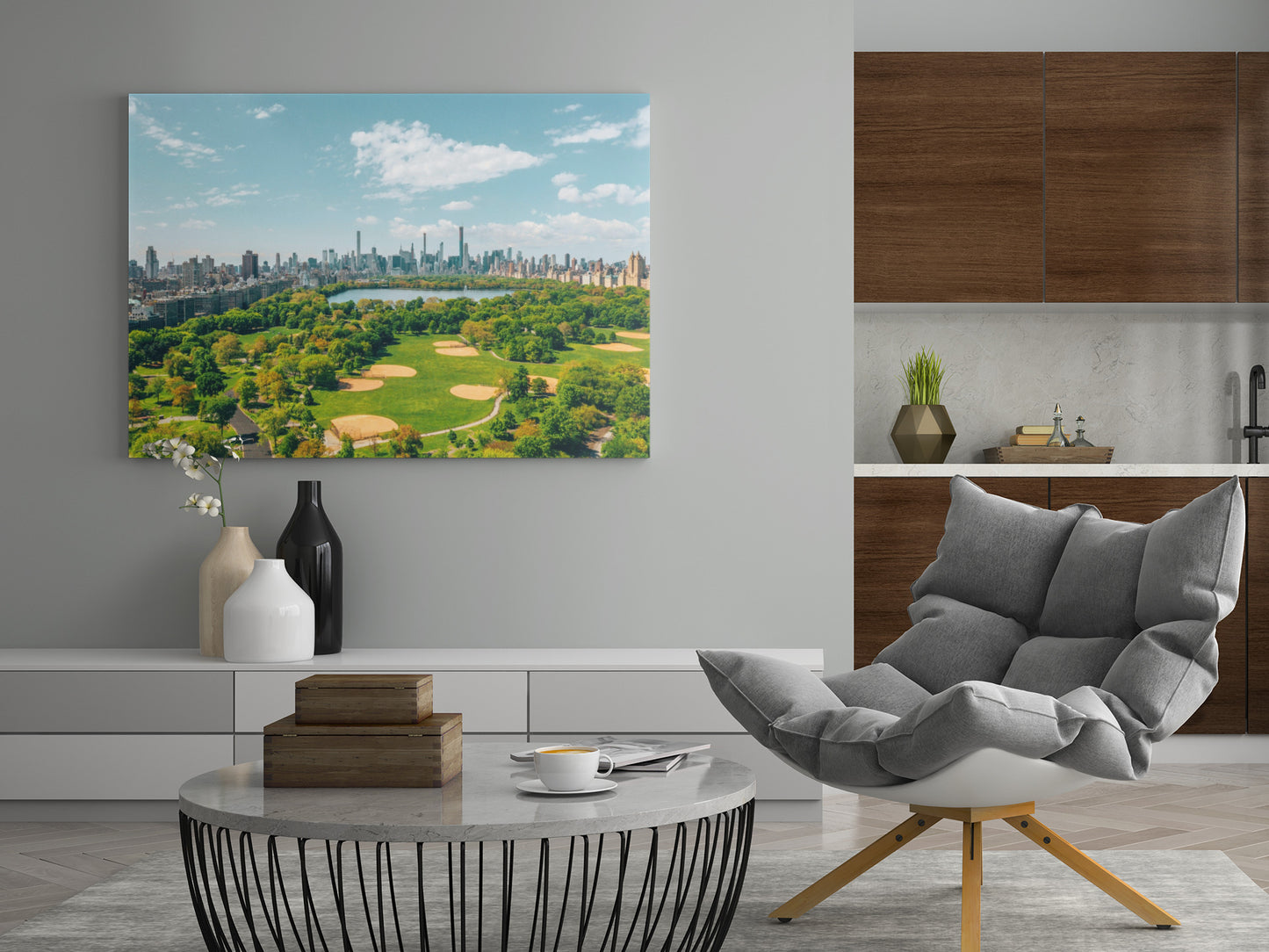 Wandbild mit Leinwand: Parklandschaft mit Fluss und Skyline im Hintergrund