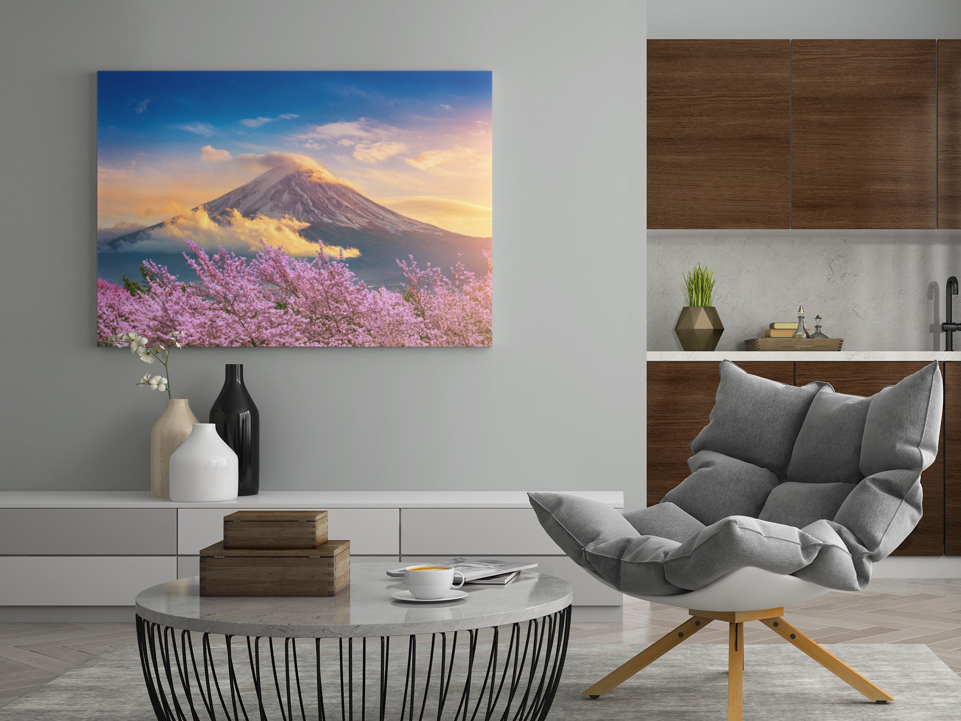 Leinwandbild an der Wand: Bergmotiv bei Sonnenuntergang mit rosa Blüten