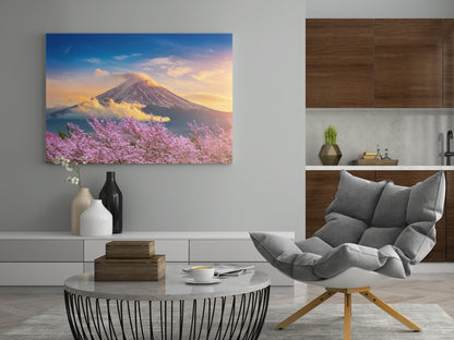 Leinwandbild an der Wand: Bergmotiv bei Sonnenuntergang mit rosa Blüten