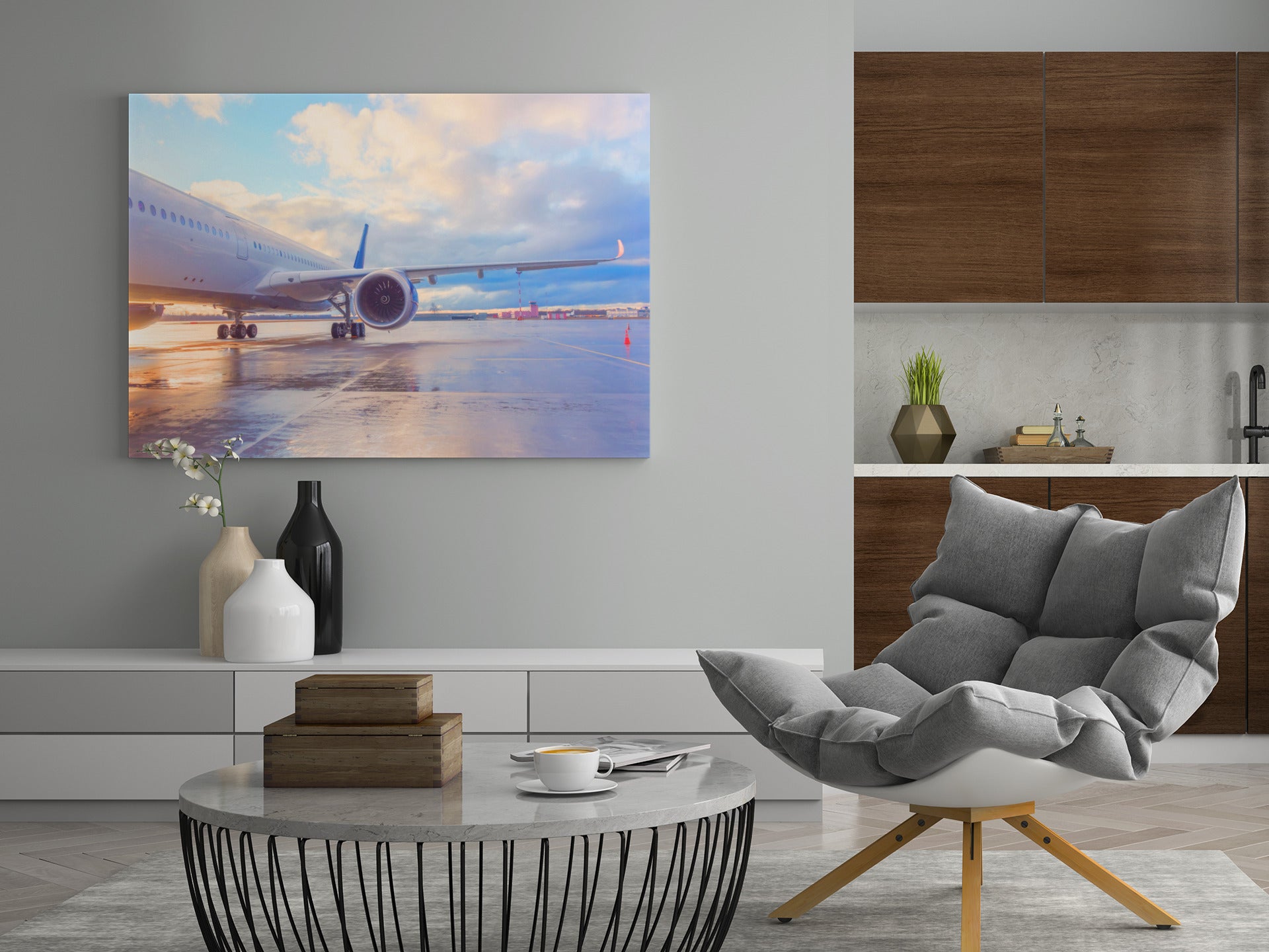 Wandbild mit Flugzeug am Flughafen auf Startbahn, Vorderansicht im Blauschimmer