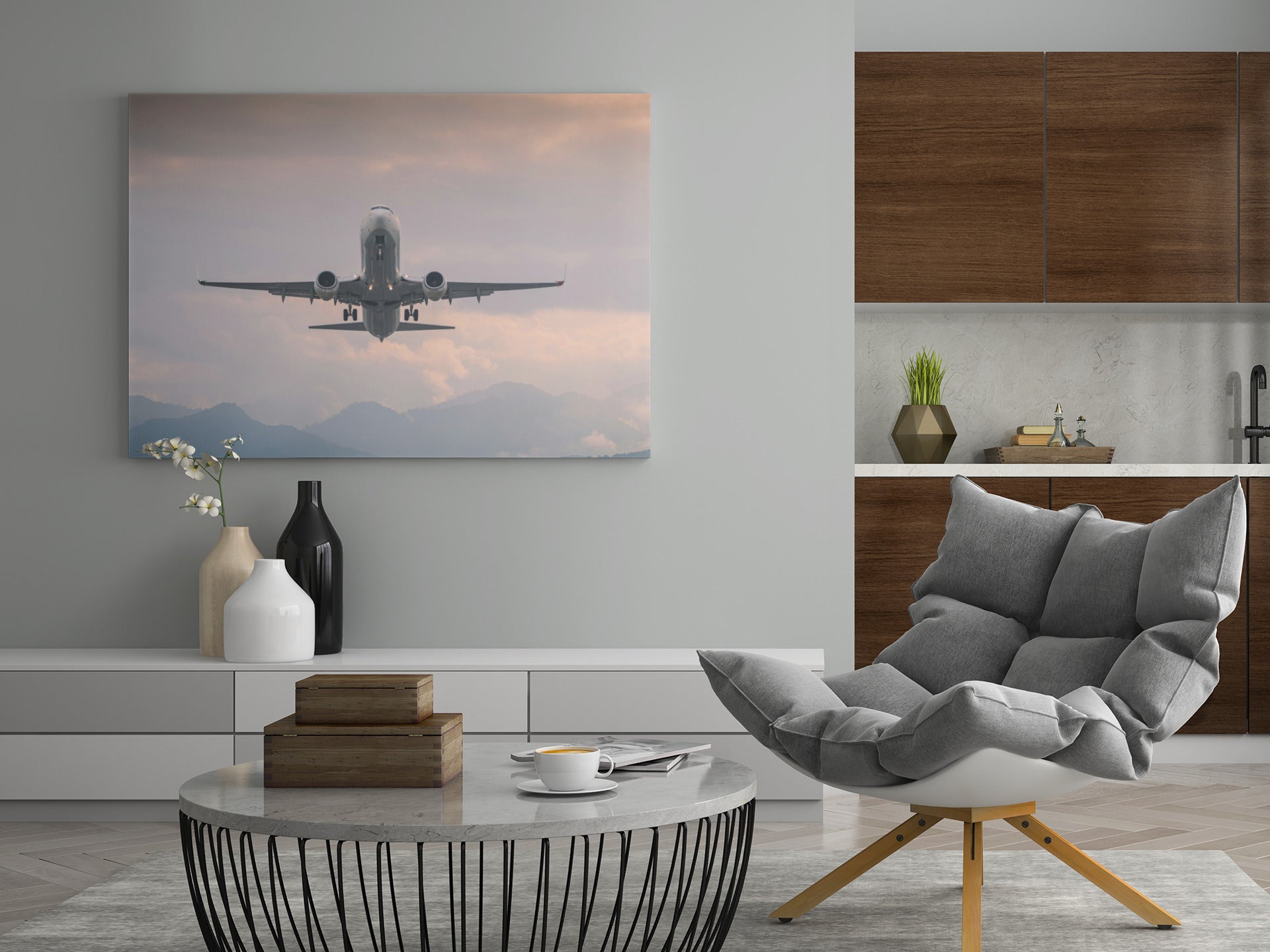 Leinwand mit Flugzeug beim Start über Bergen und Wolken