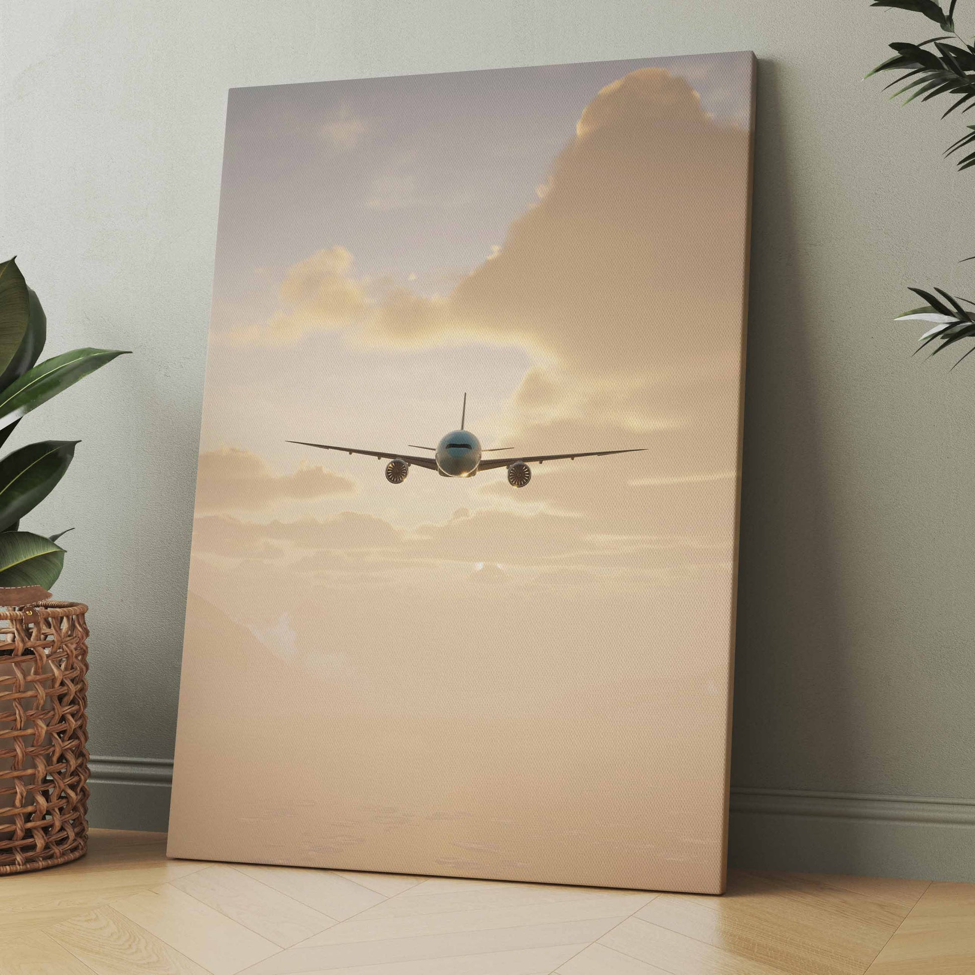 Leinwandposter: Flugzeug im Flug vor Wolken, rechteckiges Bild
