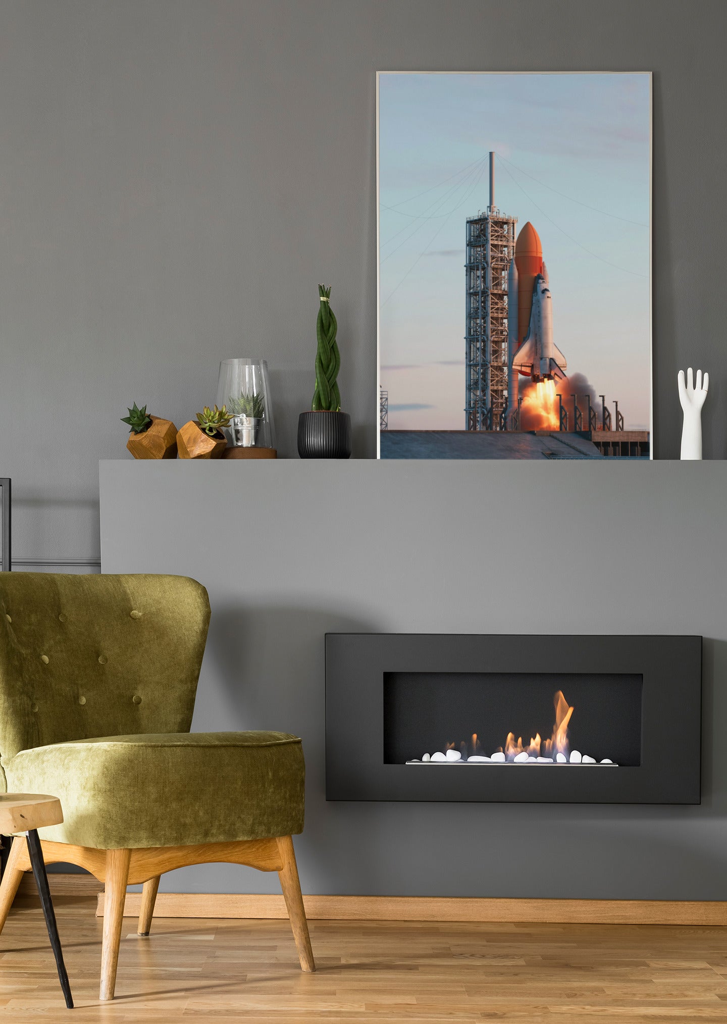 Leinwandbild mit Space Shuttle beim Start, Rakete mit orangefarbenen Flammen