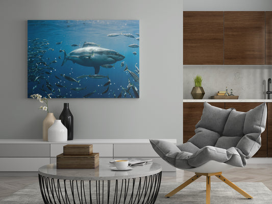 Wandbild Leinwand mit Hai im blauen Meer und vielen Fischen, querformatig