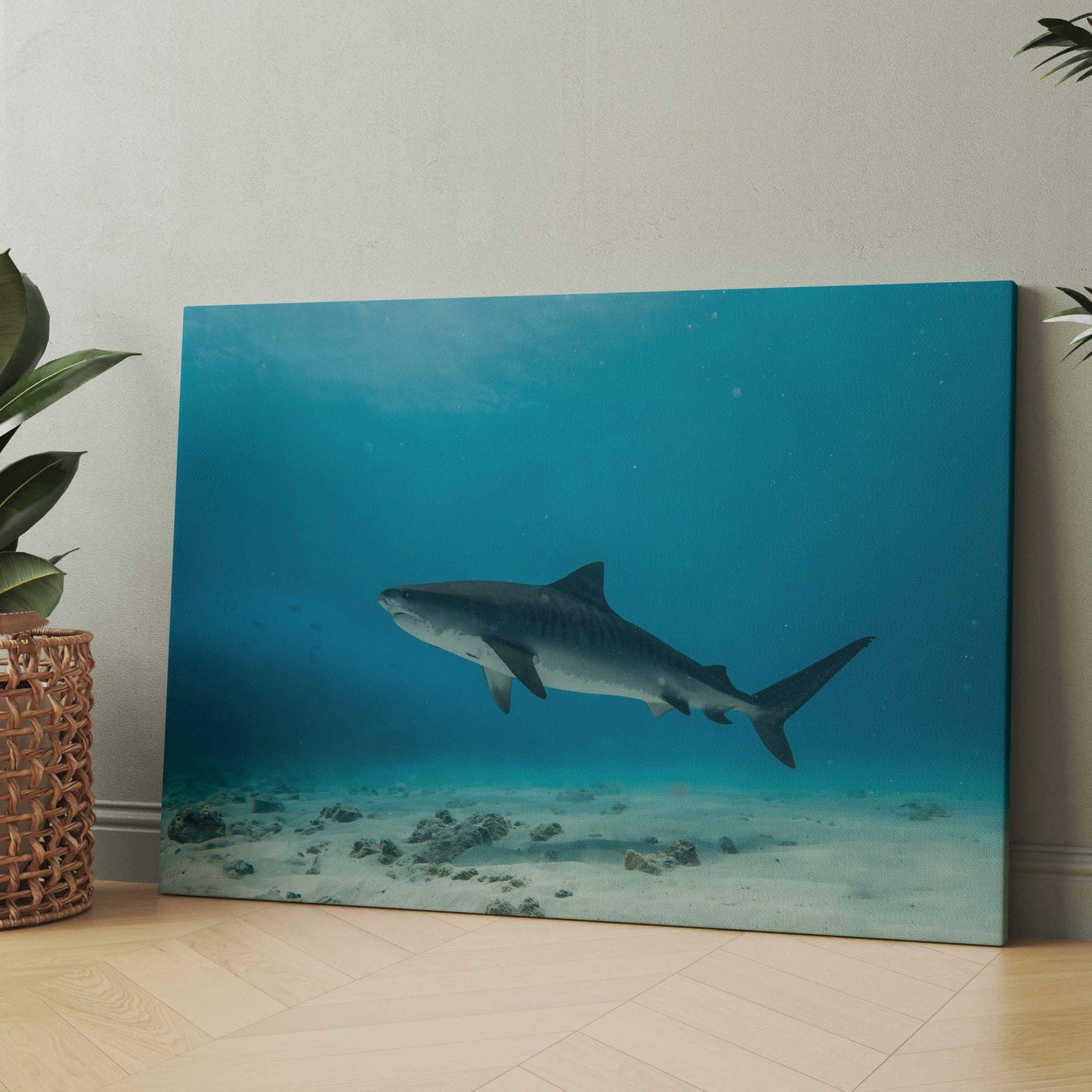 Rechteckiger Kunstdruck: Hai im blauen Wasser über Korallenriff