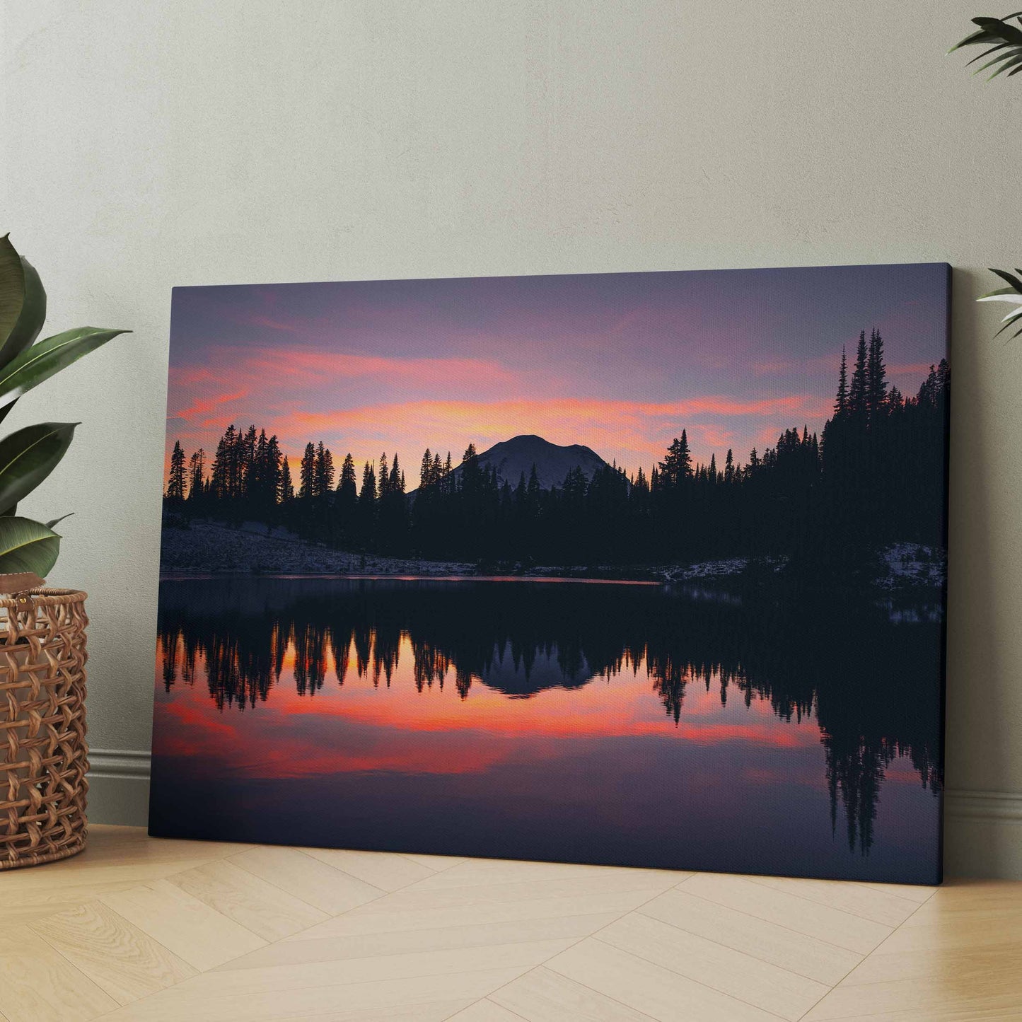 Rechteckiges Poster mit Bergsee-Spiegelung im Sonnenuntergang