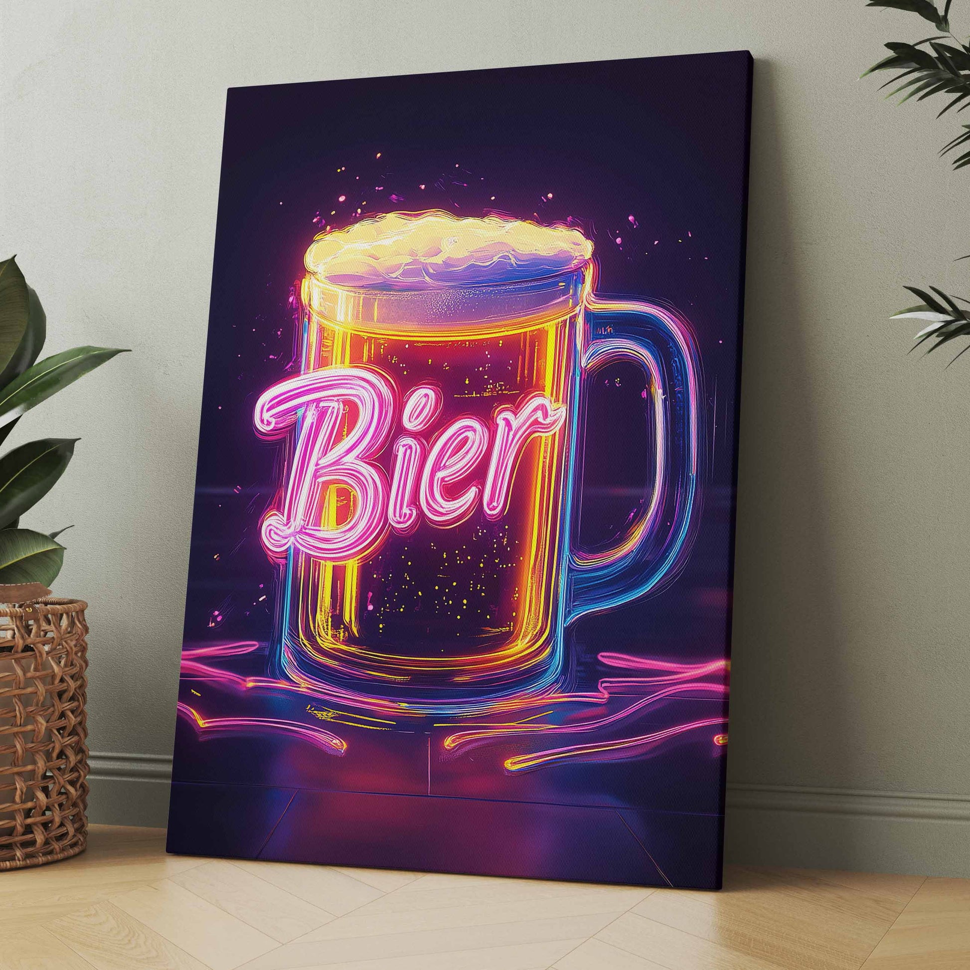 Neon-Bierglas-Druck: rechteckige Wandkunst mit leuchtender Bierkrug-Illustration