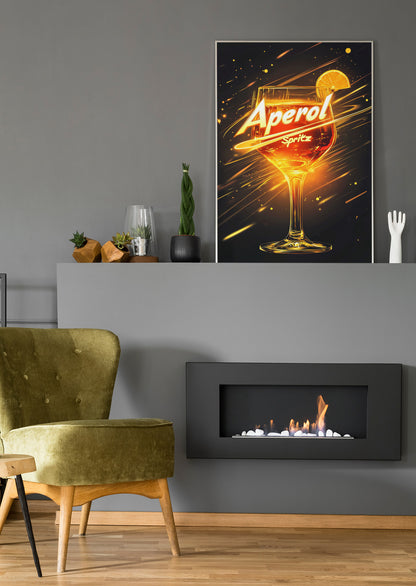 Aperol Spritz Neon Poster mit leuchtendem Cocktailglas und Schriftzug Aperol