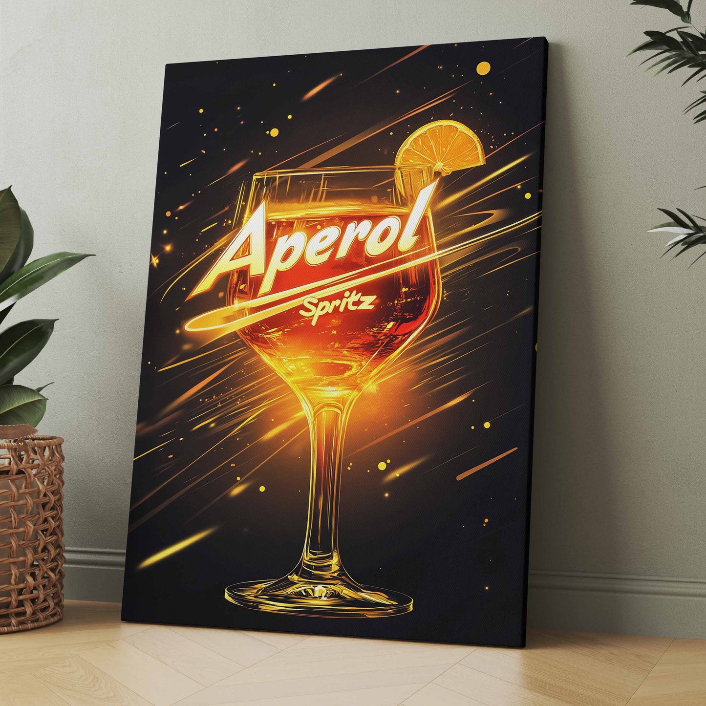 Aperol Spritz Neon Leinwand mit leuchtendem Cocktailglas und Schriftzug Aperol